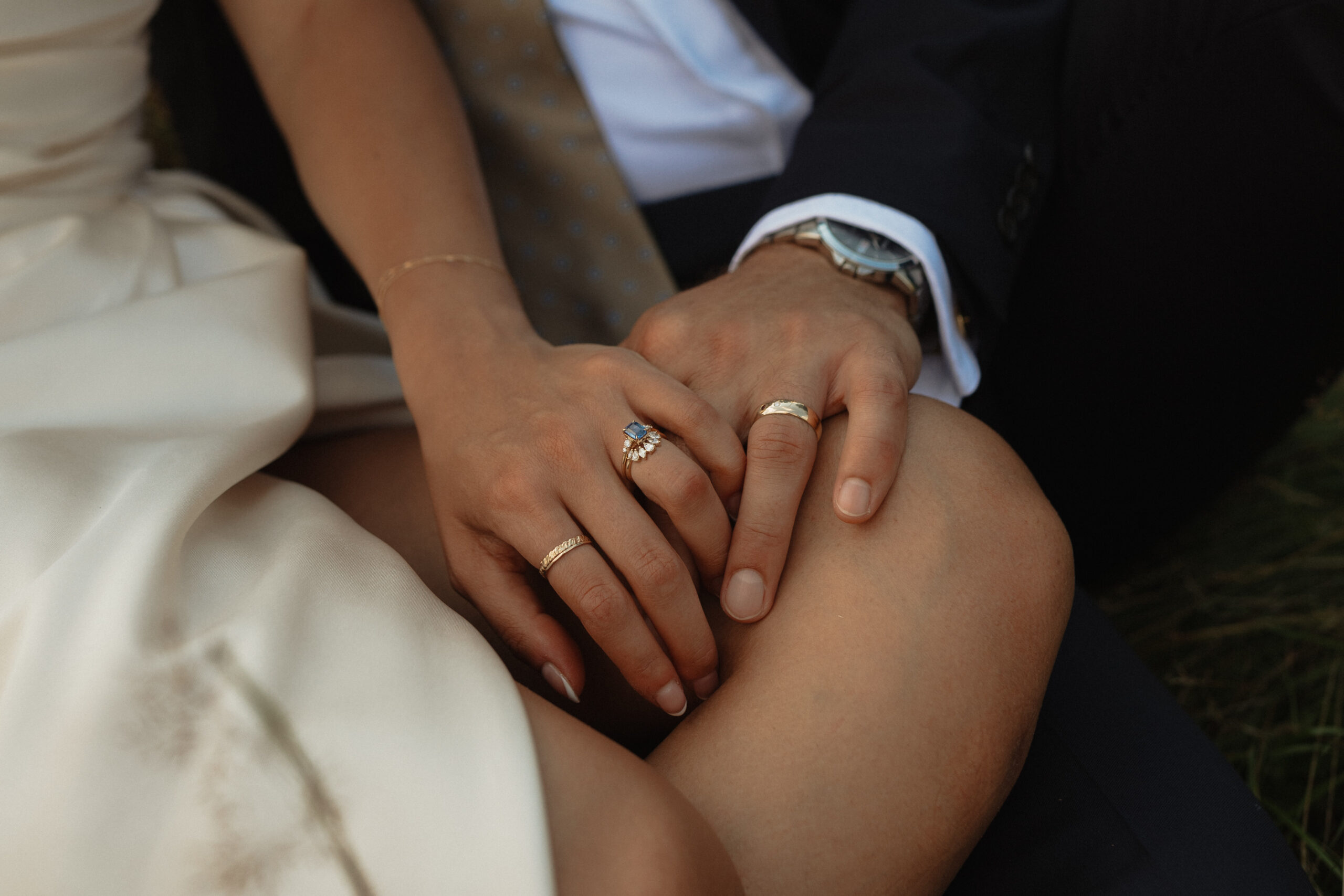 bride and groom hands with wedding rings on