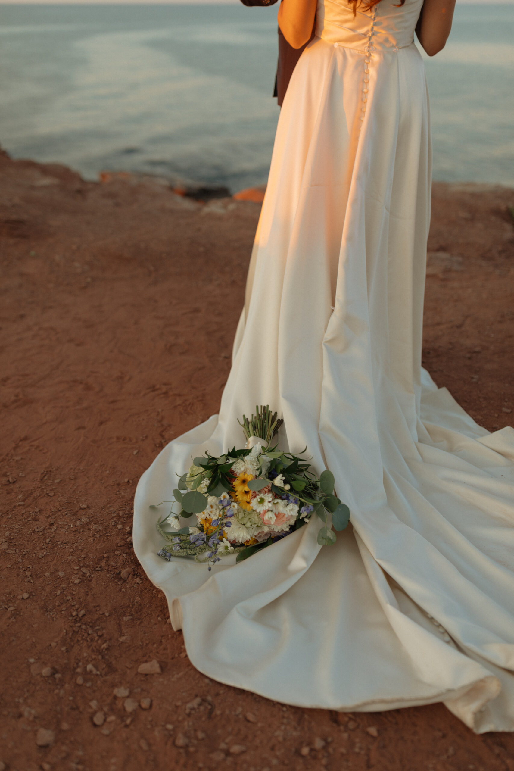 flowers on brides dress