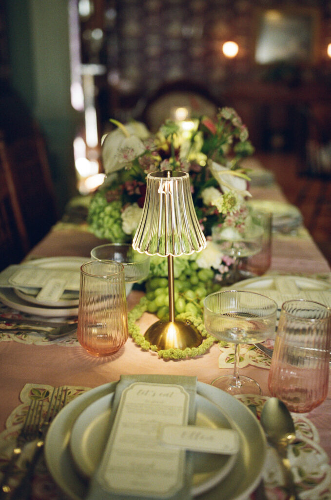 detailed film photo of lamp in wedding tablescape setup