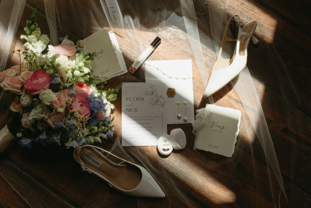flat lay of wedding details 