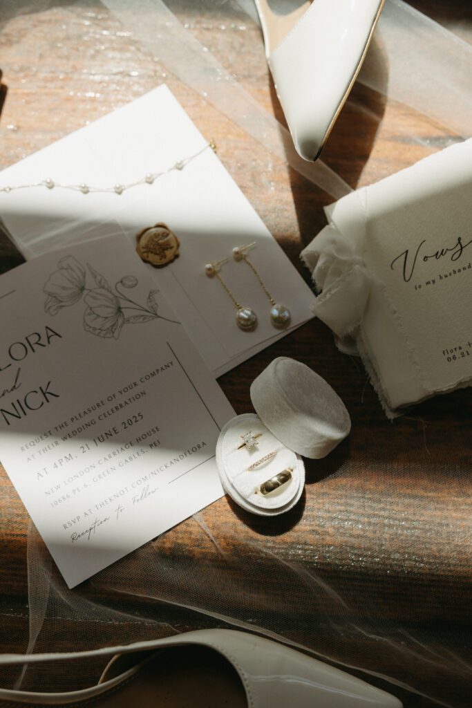 up close photo of rings, jewelry, wedding invitation